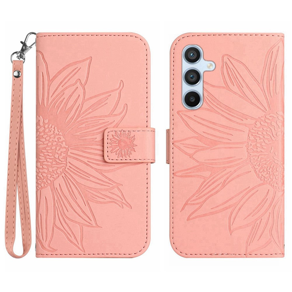 Samsung Galaxy A54 5G HT04 Präglat solrosfönster plånboksfodral med skin-touch-funktion, PU-läder, stativ, magnetiskt mobilfodral med handrem