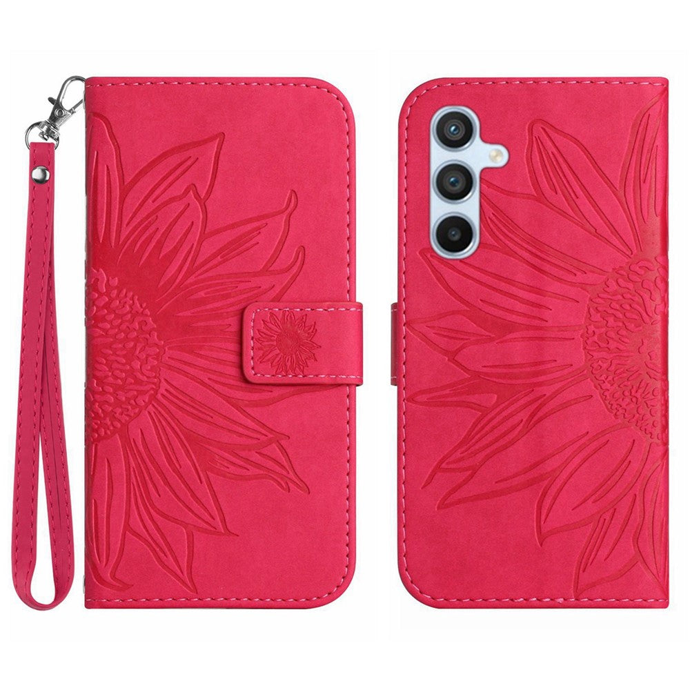 Samsung Galaxy A54 5G HT04 Präglat solrosfönster plånboksfodral med skin-touch-funktion, PU-läder, stativ, magnetiskt mobilfodral med handrem
