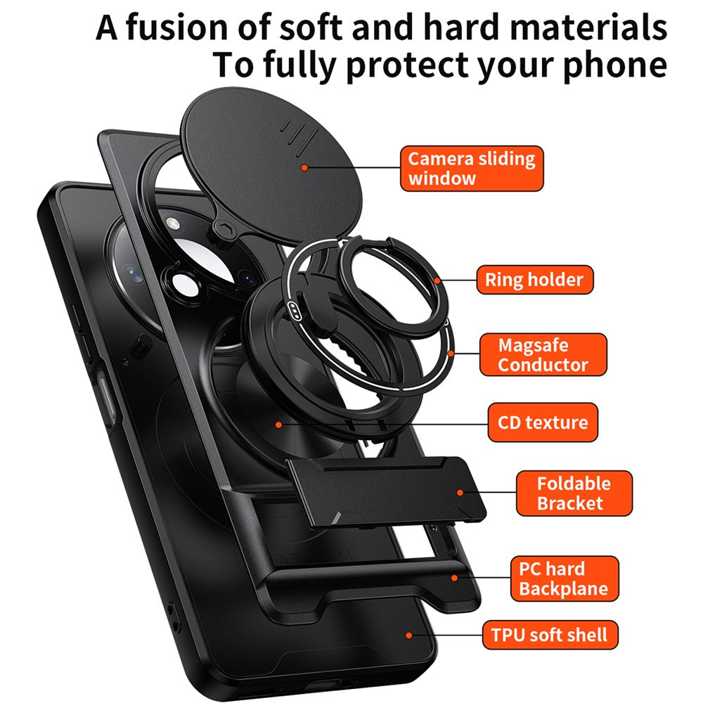 For Honor X9c Smart 5G  /  X60 5G Magnetic Case Ring Holder Foldable Kickstand TPU PC Phone Cover with Camera Lens Slider