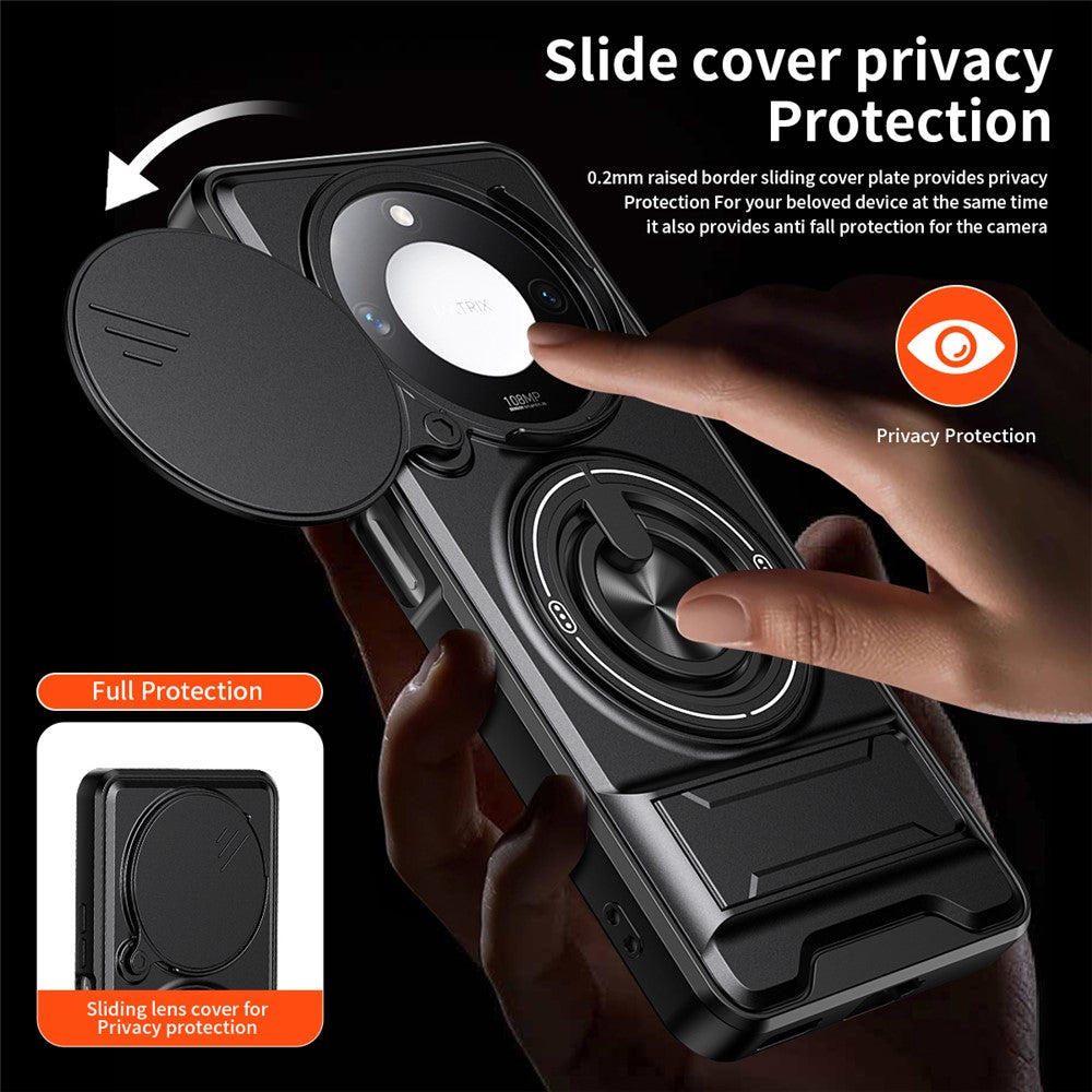 For Honor X9c Smart 5G  /  X60 5G Magnetic Case Ring Holder Foldable Kickstand TPU PC Phone Cover with Camera Lens Slider