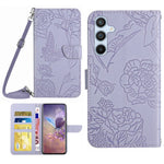 Samsung Galaxy A54 5G HT03 Fjärilsblommor Präglade Plånboksfodral PU-läder med dragkedja, magnetiskt fodral och axelrem