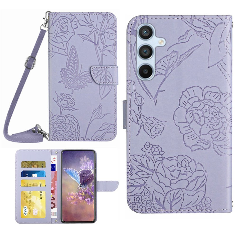 Samsung Galaxy A54 5G HT03 Fjärilsblommor Präglade Plånboksfodral PU-läder med dragkedja, magnetiskt fodral och axelrem
