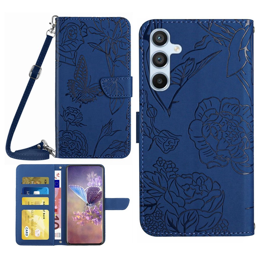 For Samsung Galaxy A54 5G HT03 Butterfly Flowers Imprinted Wallet Phone Case Skin-touch PU Leather Flip Folio Stand Magnetic Cover with Shoulder Strap