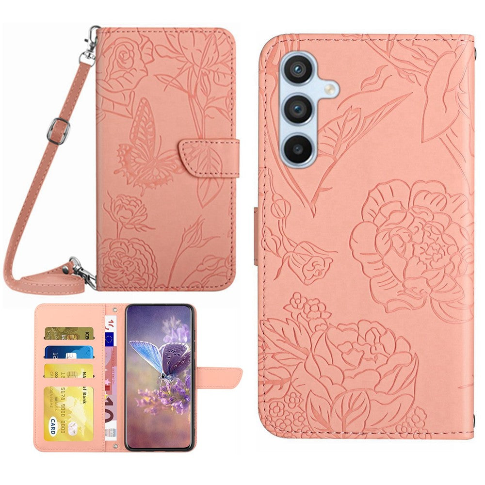 Samsung Galaxy A54 5G HT03 Fjärilsblommor Präglade Plånboksfodral PU-läder med dragkedja, magnetiskt fodral och axelrem
