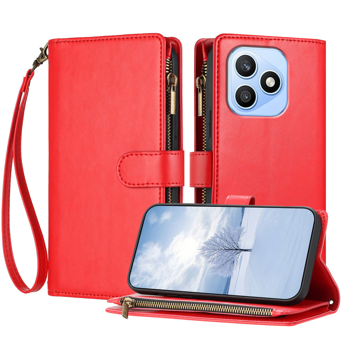 For Honor X8d 4G Leather Case Zipper Wallet Stand Shockproof Phone Cover with Wrist Strap