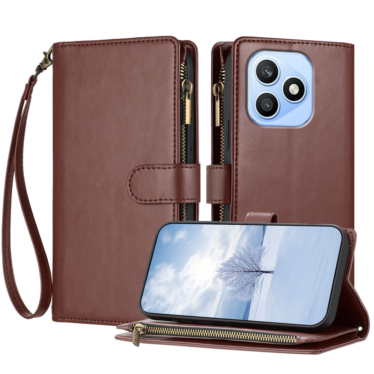 For Honor X8d 4G Leather Case Zipper Wallet Stand Shockproof Phone Cover with Wrist Strap