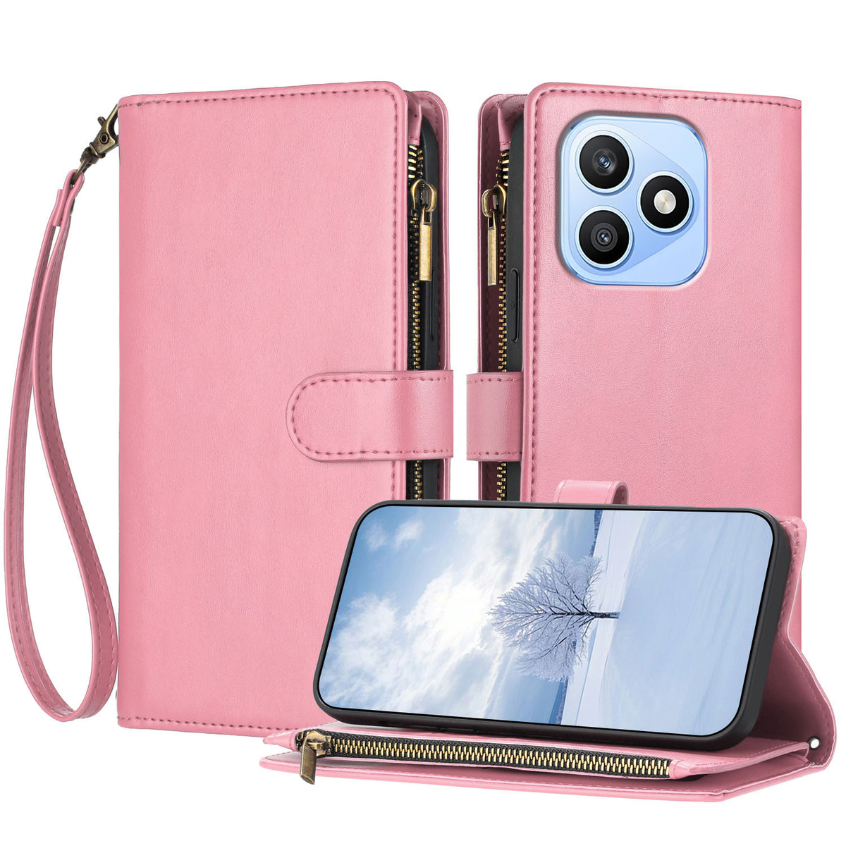 For Honor X8d 4G Leather Case Zipper Wallet Stand Shockproof Phone Cover with Wrist Strap
