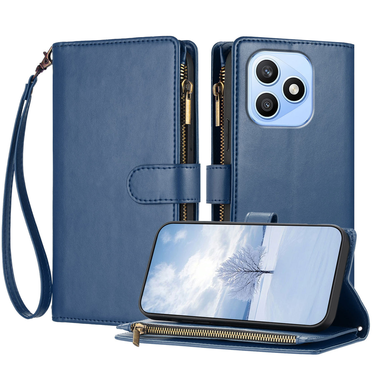 For Honor X8d 4G Leather Case Zipper Wallet Stand Shockproof Phone Cover with Wrist Strap
