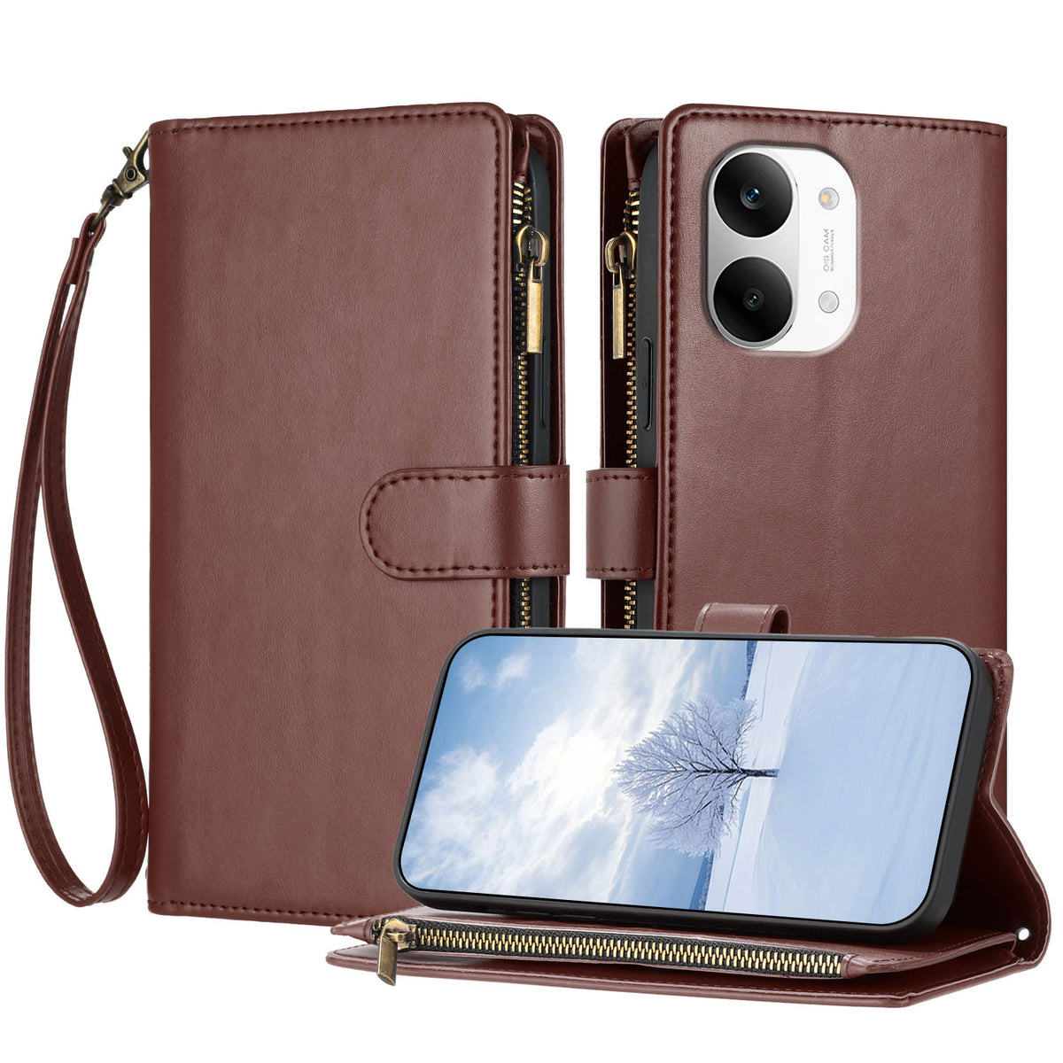 For Xiaomi Redmi Turbo 5 Max 5G / Xiaomi Poco X8 Pro Max 5G Leather Case Zipper Wallet Stand Shockproof Phone Cover with Wrist Strap