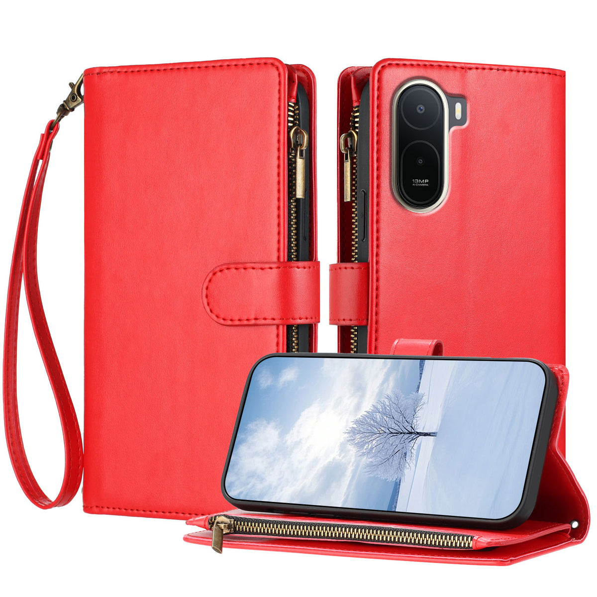 For Xiaomi Redmi A7 Pro 4G (171.56mm) / Poco C85x 5G Leather Case Zipper Wallet Stand Shockproof Phone Cover with Wrist Strap