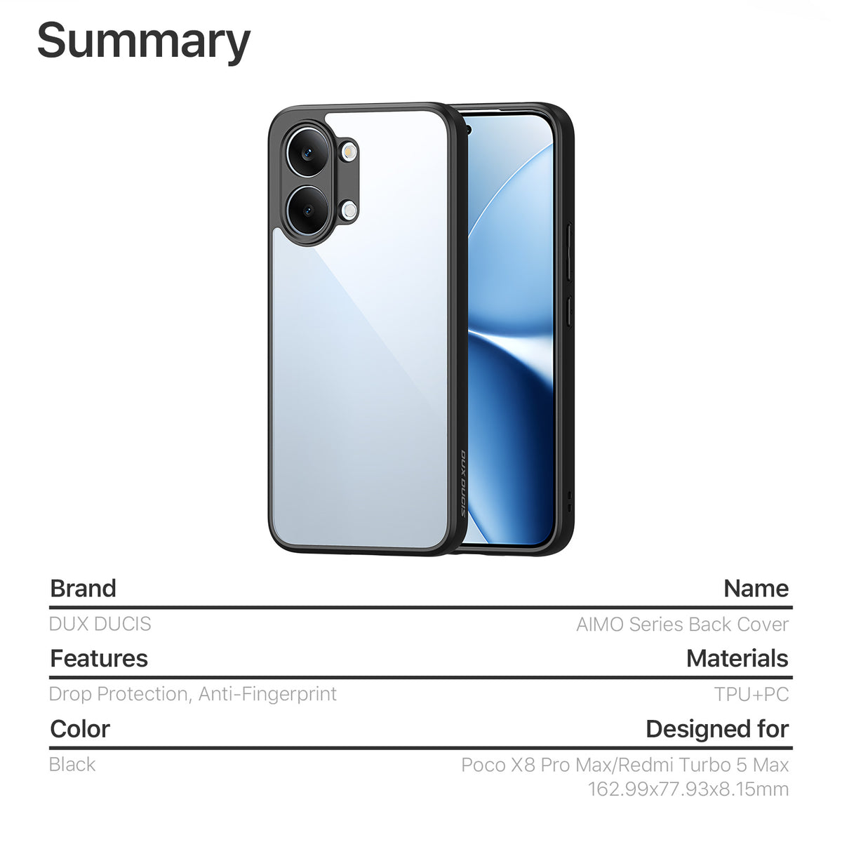 Dux Ducis For Xiaomi Redmi Turbo 5 Max 5G / Xiaomi Poco X8 Pro Max 5G Aimo Series PC + TPU Clear Back Phone Cover (REACH Certification)