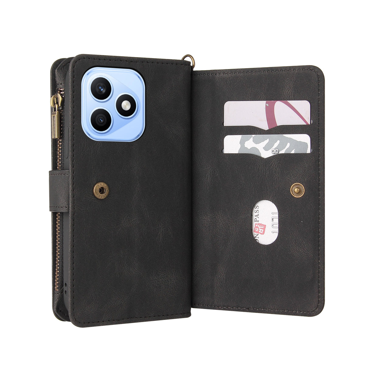 For Honor X8d 4G Zipper Wallet Case with 15 Card Slots and Strap Leather Phone Cover