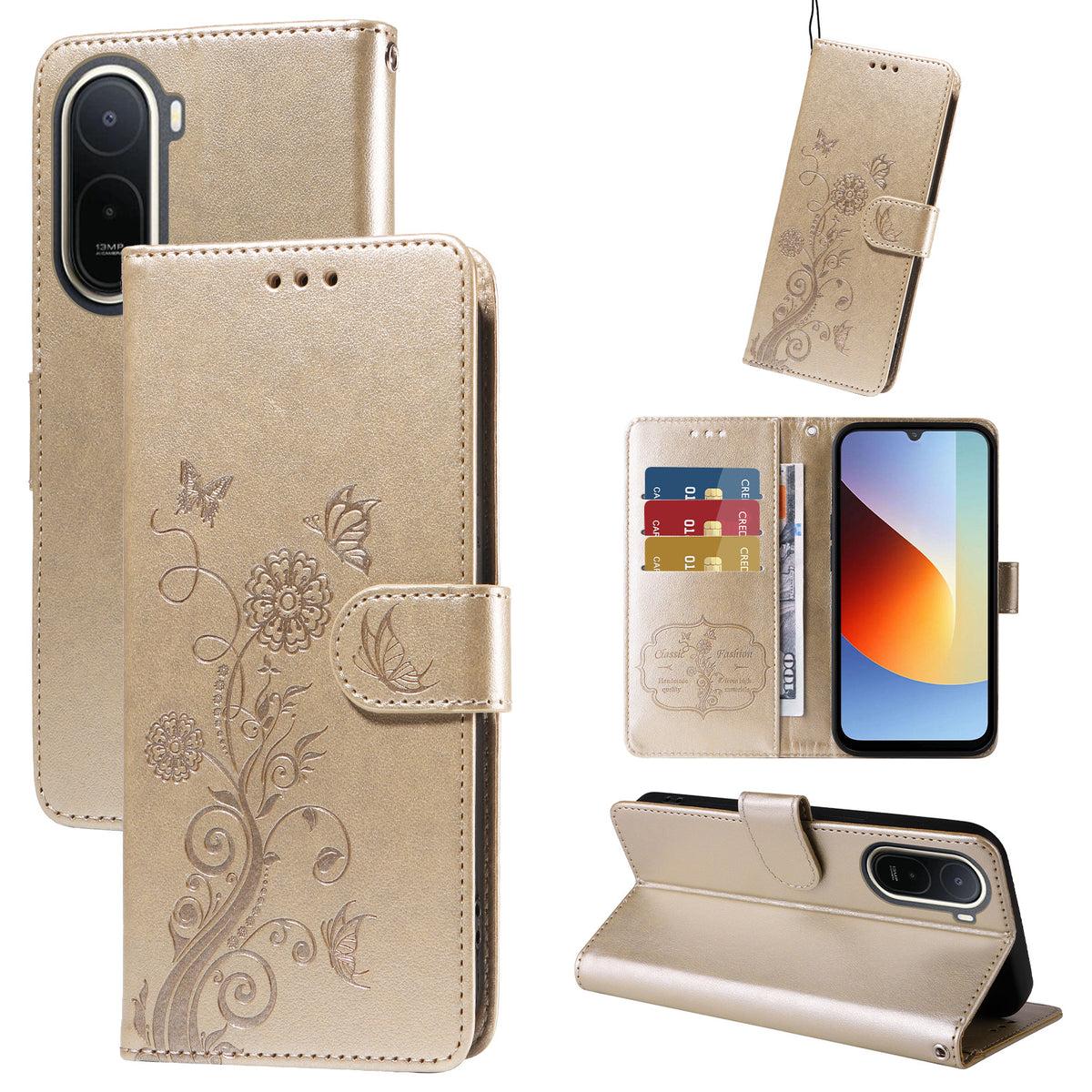 Leather Case for Xiaomi Poco C85x 5G / Redmi A7 Pro 4G (171.56mm) / Redmi A7 Pro 5G Butterfly Floral Imprint Wallet Stand Cover