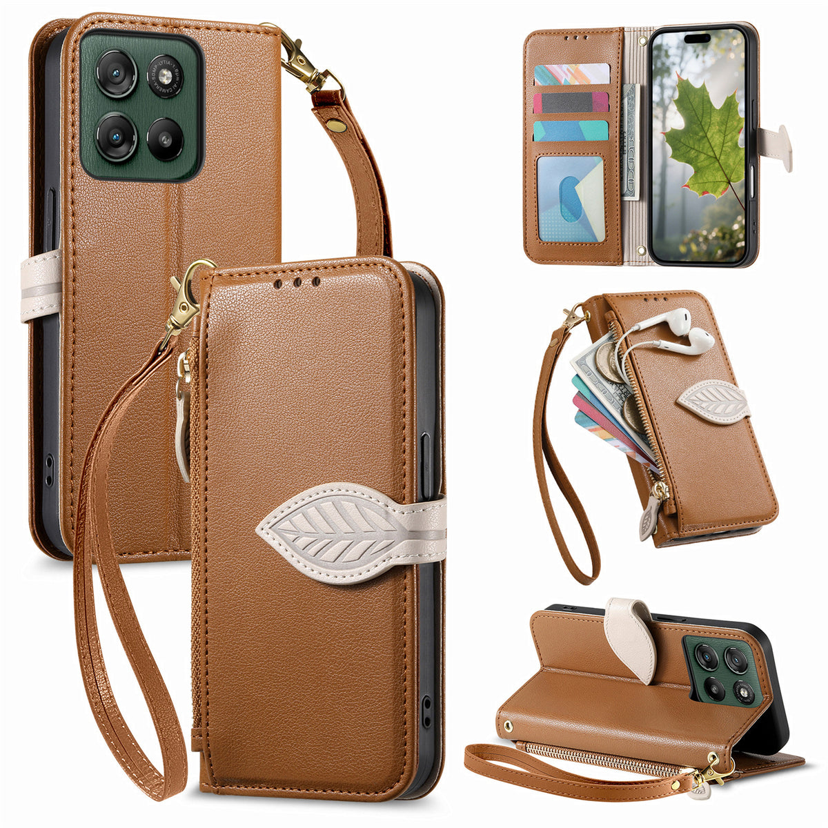 For Motorola Edge 70 Fusion+ 5G / Edge 70 Fusion 5G Stand Case Leaf Shape Magnetic Clasp Leather Phone Cover with Hand Strap