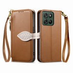 For Motorola Edge 70 Fusion+ 5G / Edge 70 Fusion 5G Stand Case Leaf Shape Magnetic Clasp Leather Phone Cover with Hand Strap