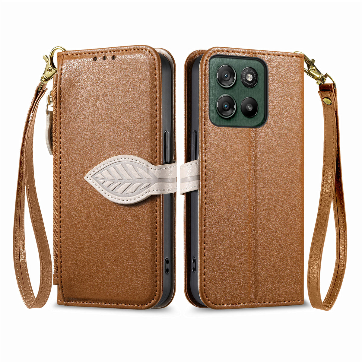 For Motorola Edge 70 Fusion+ 5G / Edge 70 Fusion 5G Stand Case Leaf Shape Magnetic Clasp Leather Phone Cover with Hand Strap