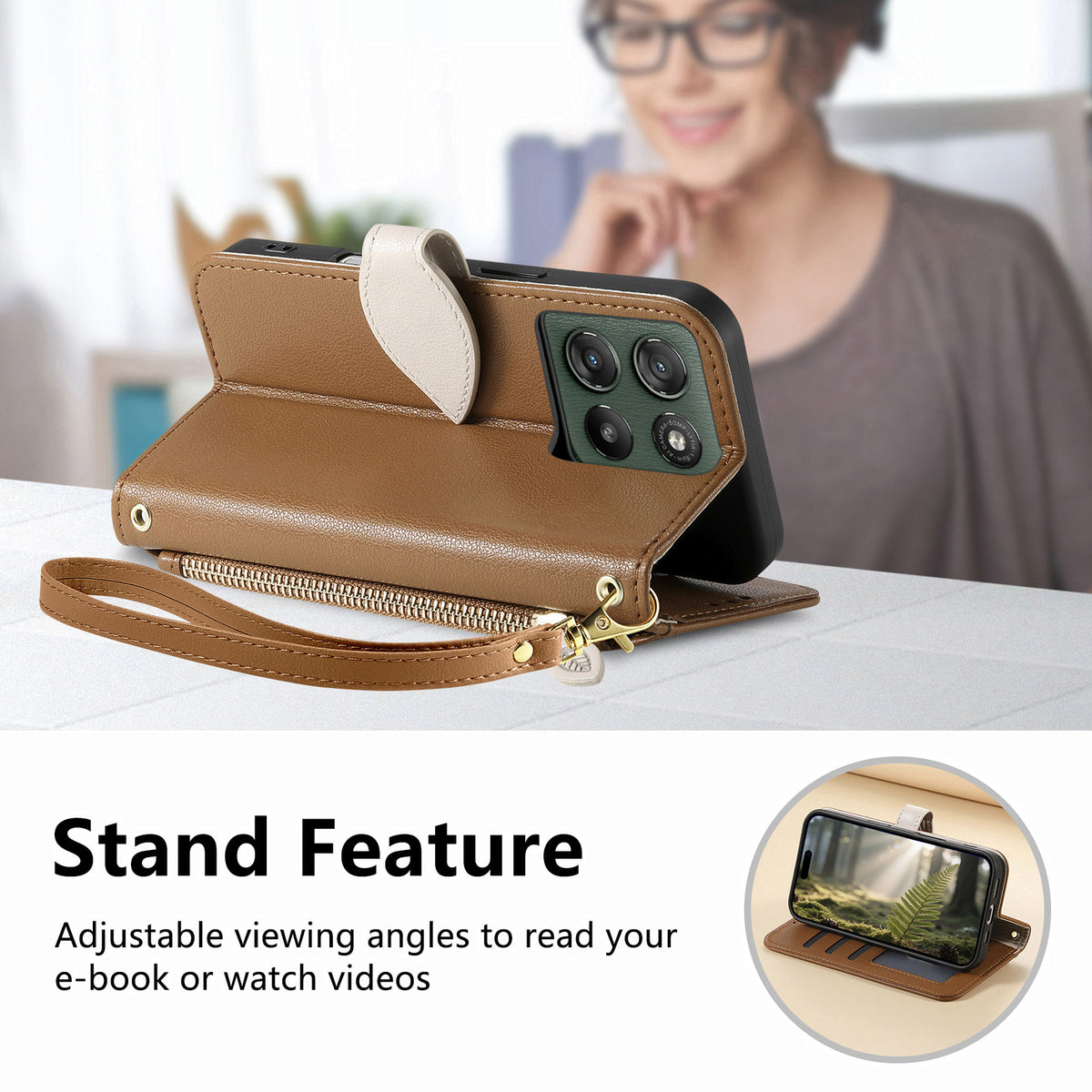 For Motorola Edge 70 Fusion+ 5G / Edge 70 Fusion 5G Stand Case Leaf Shape Magnetic Clasp Leather Phone Cover with Hand Strap