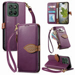 For Motorola Edge 70 Fusion+ 5G / Edge 70 Fusion 5G Stand Case Leaf Shape Magnetic Clasp Leather Phone Cover with Hand Strap