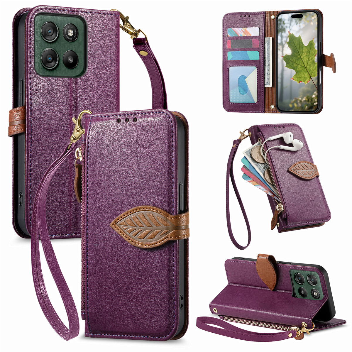 For Motorola Edge 70 Fusion+ 5G / Edge 70 Fusion 5G Stand Case Leaf Shape Magnetic Clasp Leather Phone Cover with Hand Strap