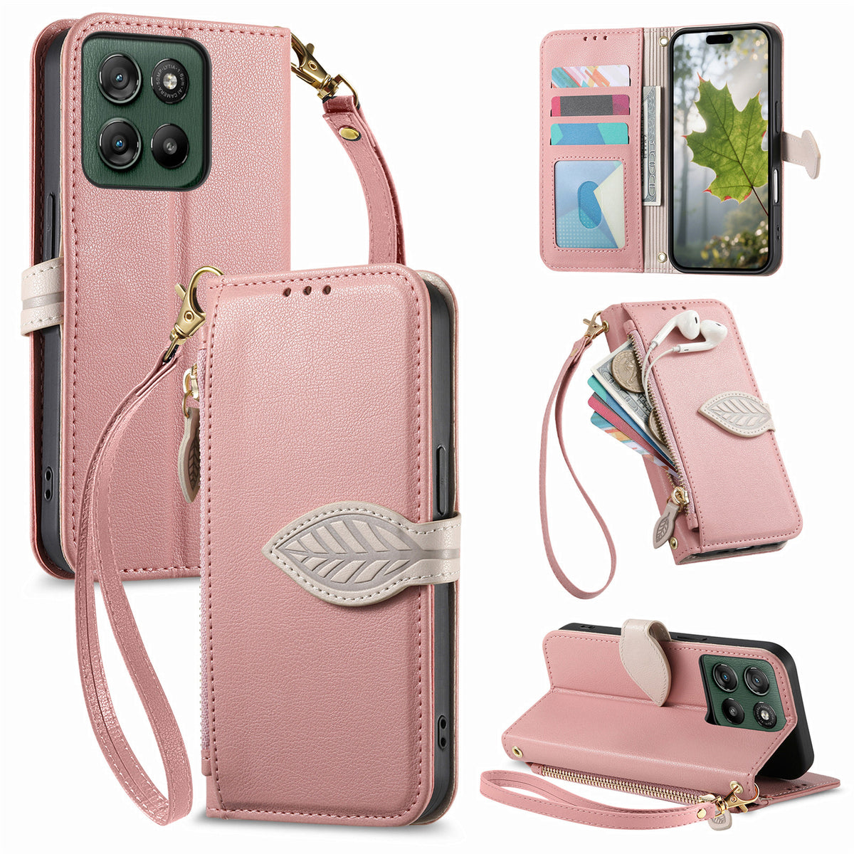 For Motorola Edge 70 Fusion+ 5G / Edge 70 Fusion 5G Stand Case Leaf Shape Magnetic Clasp Leather Phone Cover with Hand Strap