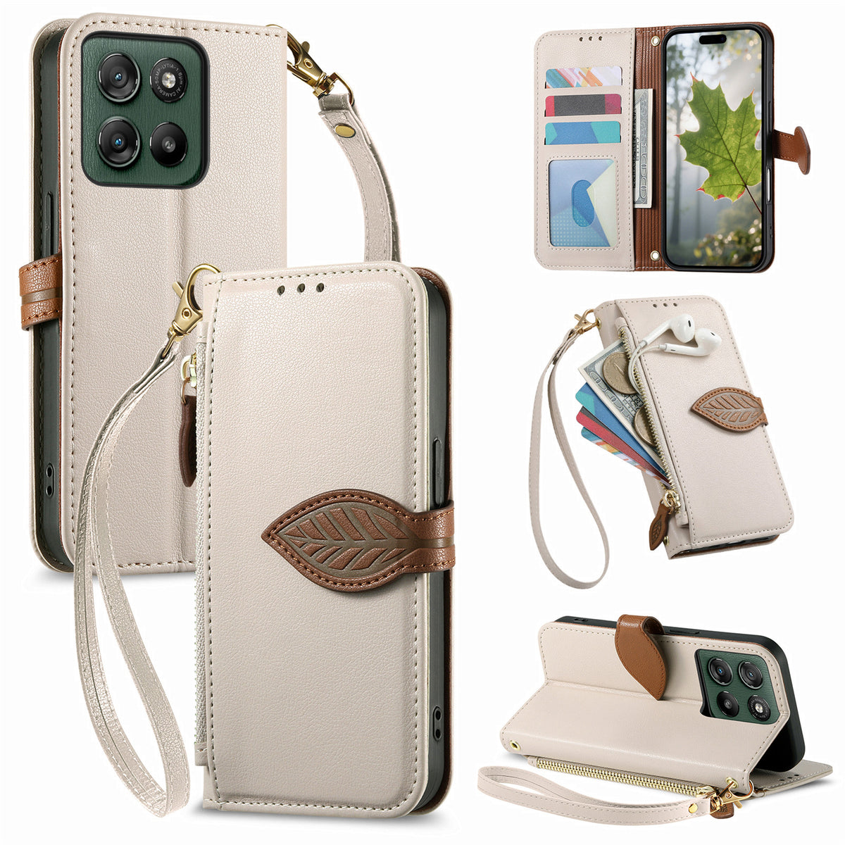 For Motorola Edge 70 Fusion+ 5G / Edge 70 Fusion 5G Stand Case Leaf Shape Magnetic Clasp Leather Phone Cover with Hand Strap