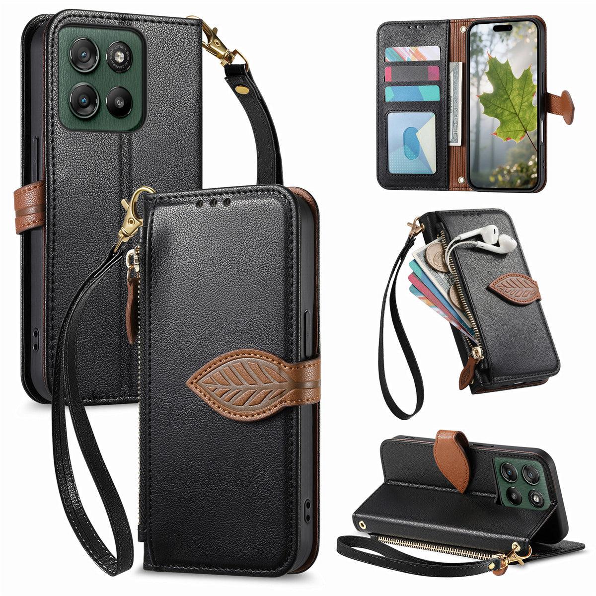 For Motorola Edge 70 Fusion+ 5G / Edge 70 Fusion 5G Stand Case Leaf Shape Magnetic Clasp Leather Phone Cover with Hand Strap