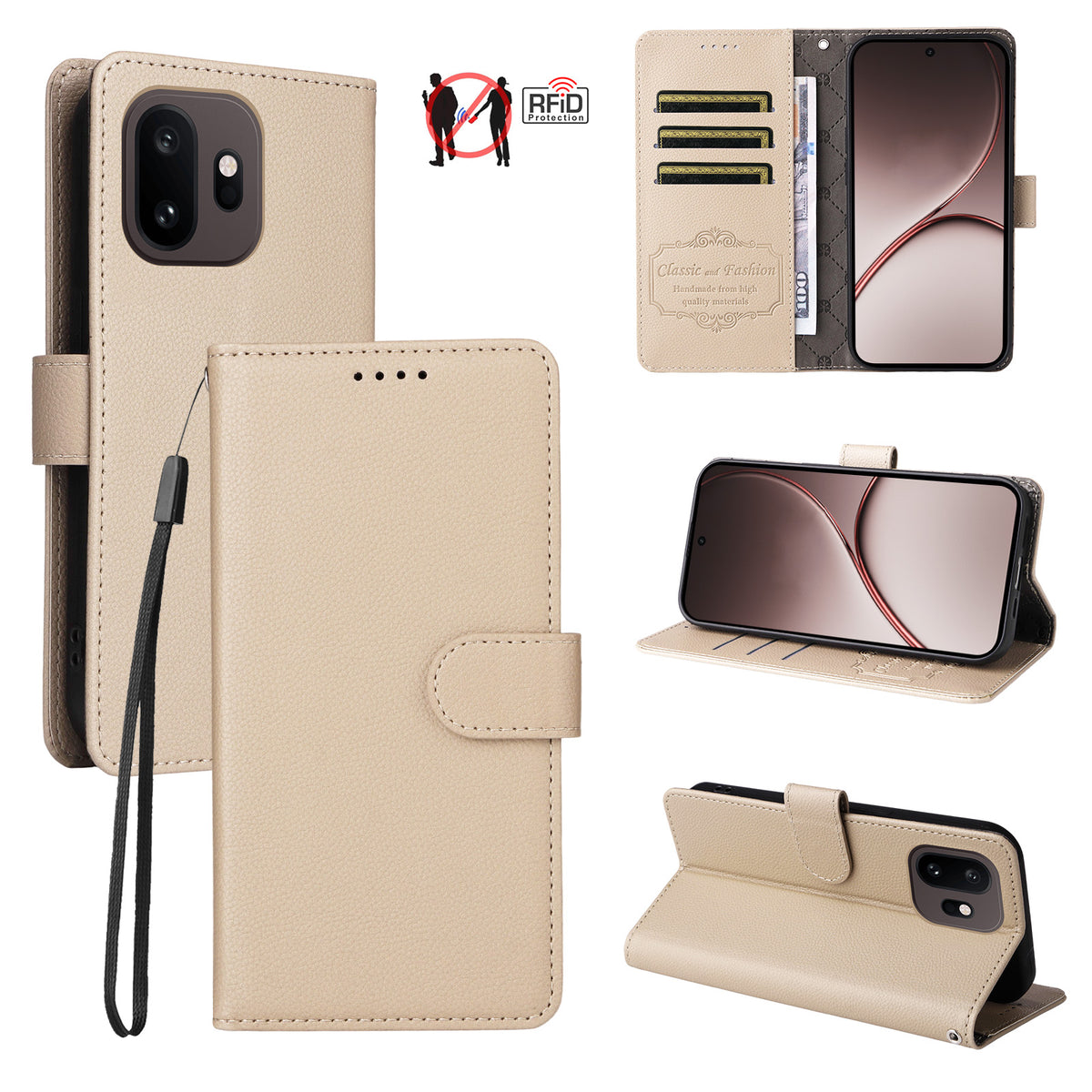 OnePlus 15T 5G-skal, RFID-blockerande, 3 kortplatser, PU-läder, mobilskal med handledsrem