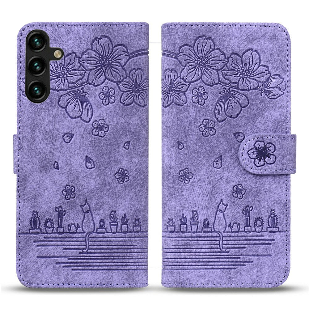 For Samsung Galaxy A57 5G Case Cherry Blossom Cat Imprinted Leather Phone Cover with Wrist Strap