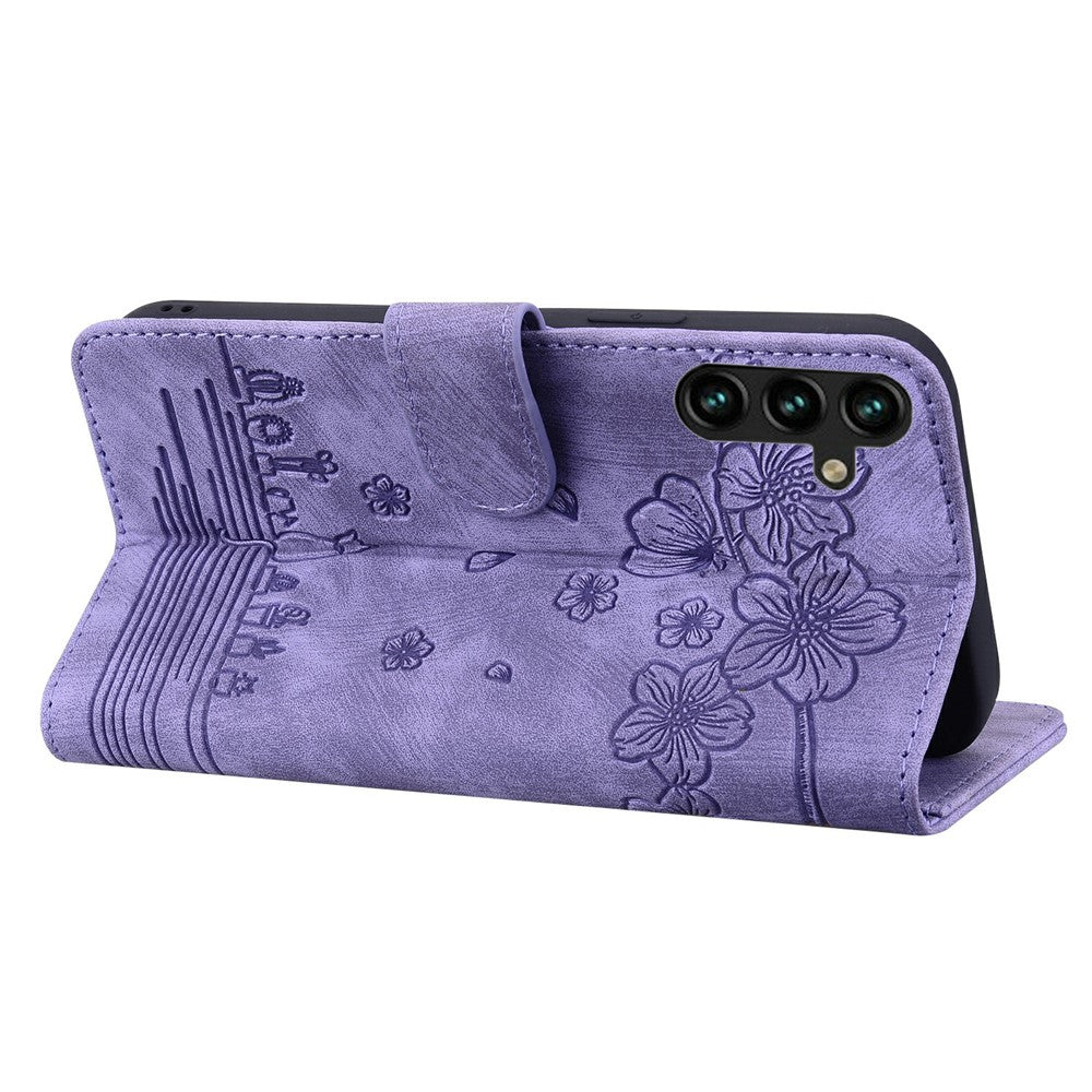 For Samsung Galaxy A57 5G Case Cherry Blossom Cat Imprinted Leather Phone Cover with Wrist Strap