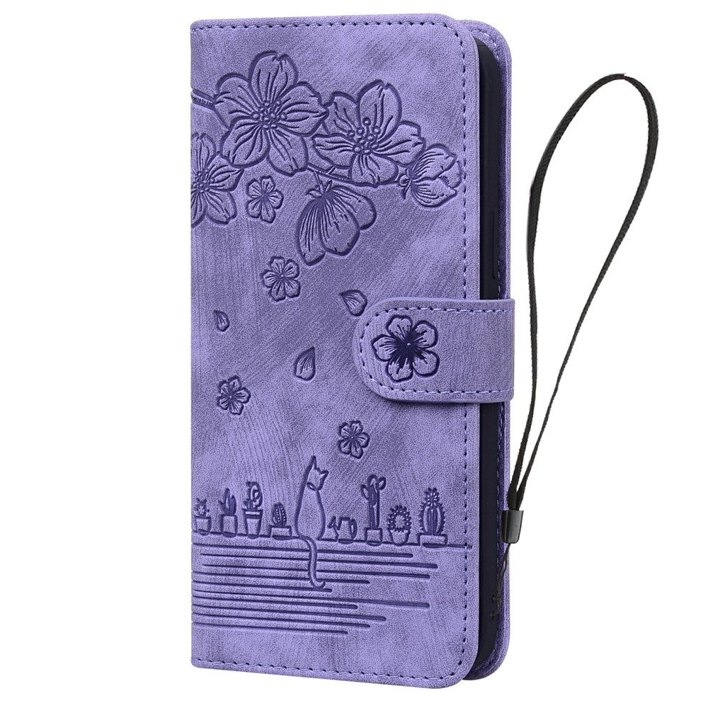 For Samsung Galaxy A57 5G Case Cherry Blossom Cat Imprinted Leather Phone Cover with Wrist Strap