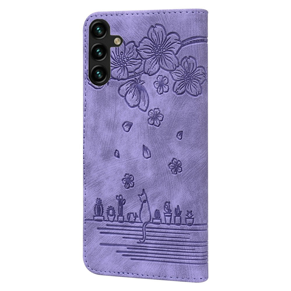 For Samsung Galaxy A57 5G Case Cherry Blossom Cat Imprinted Leather Phone Cover with Wrist Strap