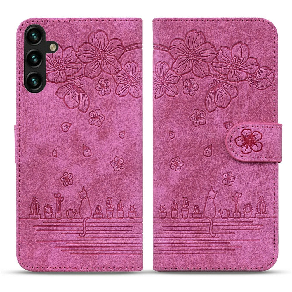 For Samsung Galaxy A57 5G Case Cherry Blossom Cat Imprinted Leather Phone Cover with Wrist Strap