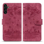 For Samsung Galaxy A57 5G Case Cherry Blossom Cat Imprinted Leather Phone Cover with Wrist Strap