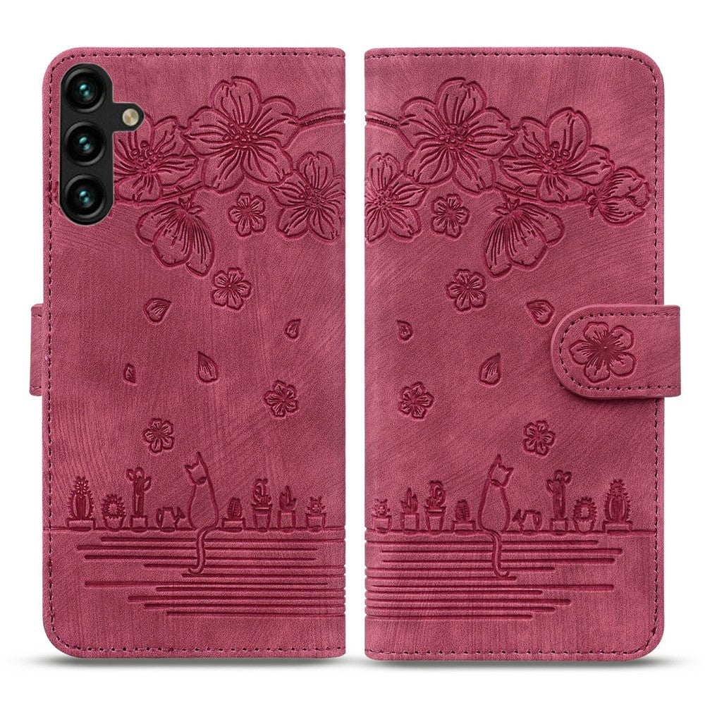 For Samsung Galaxy A57 5G Case Cherry Blossom Cat Imprinted Leather Phone Cover with Wrist Strap