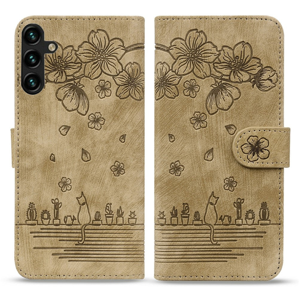 For Samsung Galaxy A57 5G Case Cherry Blossom Cat Imprinted Leather Phone Cover with Wrist Strap