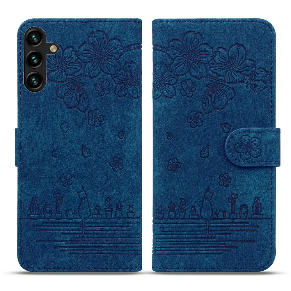 For Samsung Galaxy A57 5G Case Cherry Blossom Cat Imprinted Leather Phone Cover with Wrist Strap