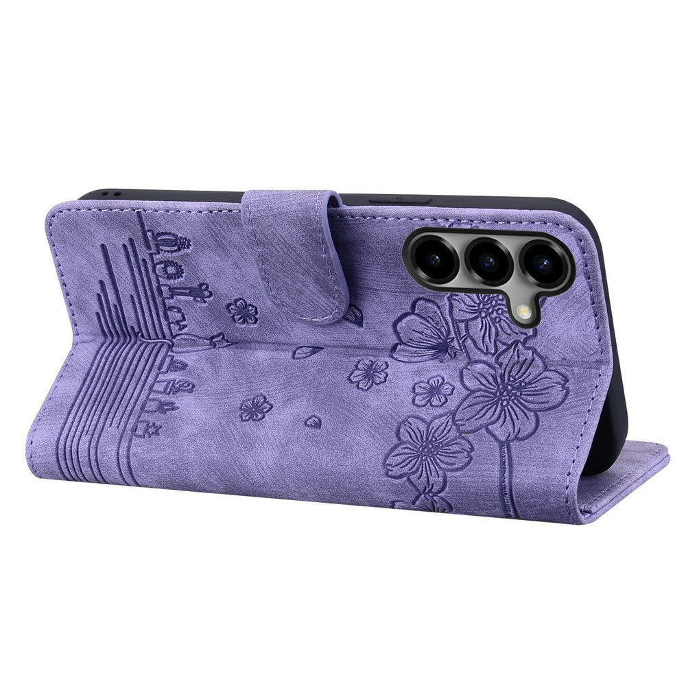 Samsung Galaxy S26-skal med körsbärsblomskatt, läderfodral och handledsrem