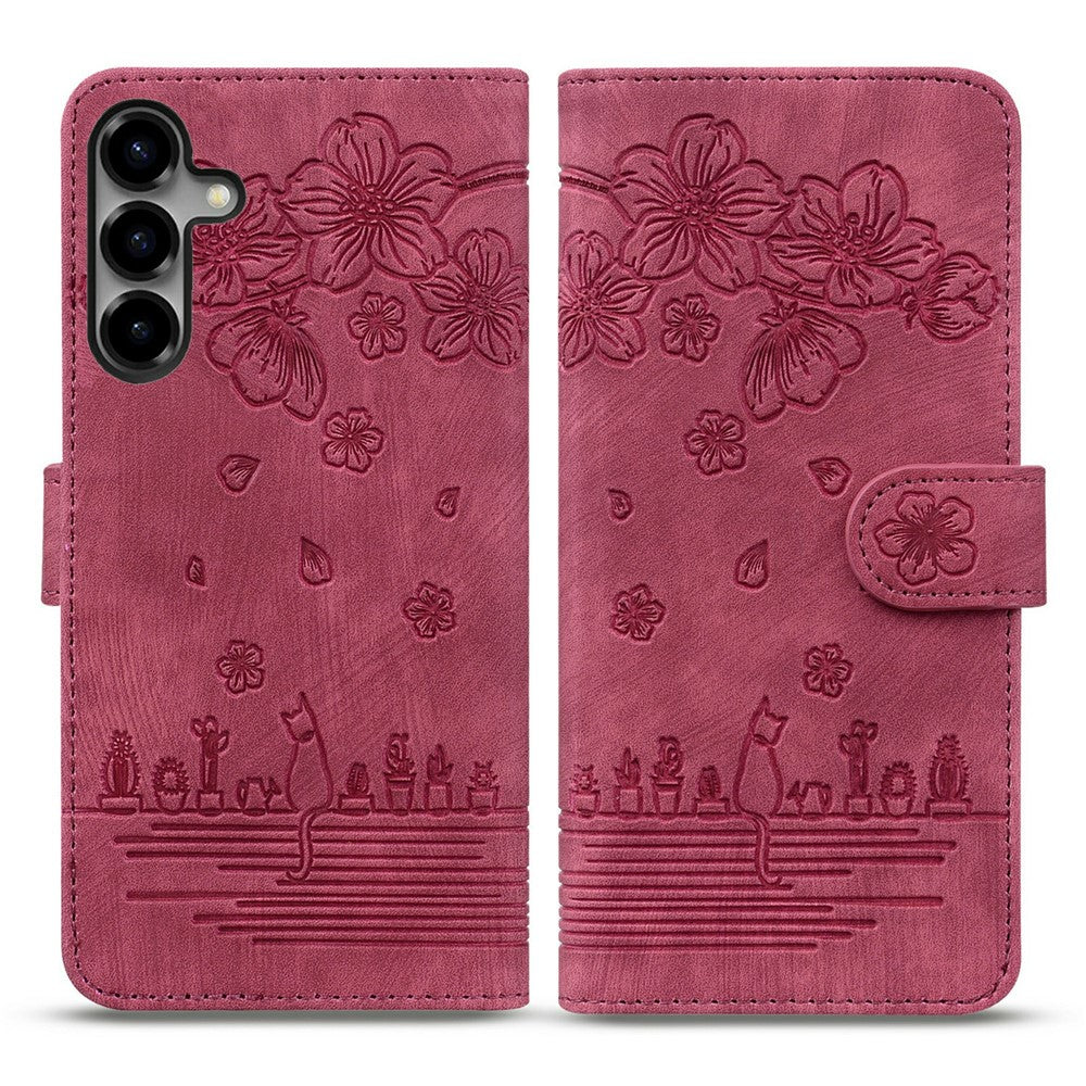 Samsung Galaxy S26-skal med körsbärsblomskatt, läderfodral och handledsrem
