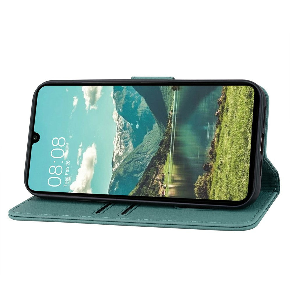 Samsung Galaxy A57 5G-skal med rombmönster i läder och plånbok med handledsrem