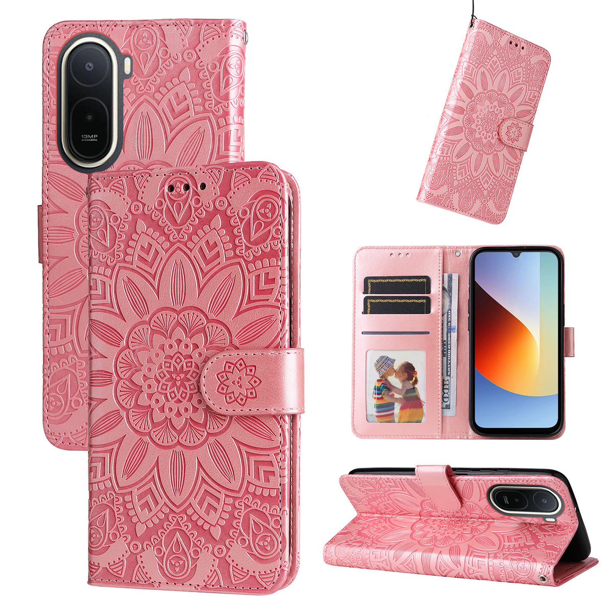 Solrosavtrycksskal till Xiaomi Poco C85x 5G / Redmi A7 Pro 4G (171,56 mm) / Redmi A7 Pro 5G Läderplånboksfodral