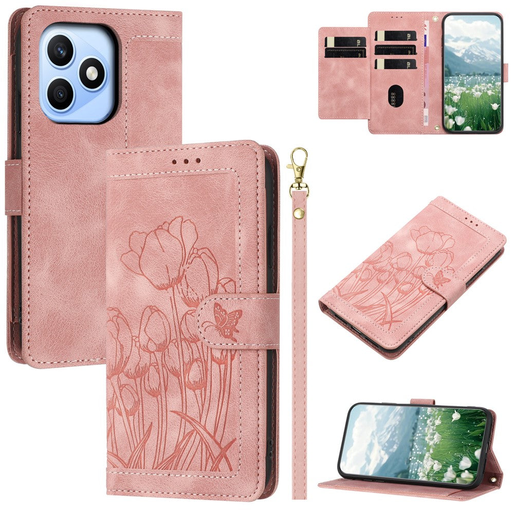 For Honor X8d 4G Case Tulip Leather Phone Cover with 5 Card Slots Wallet