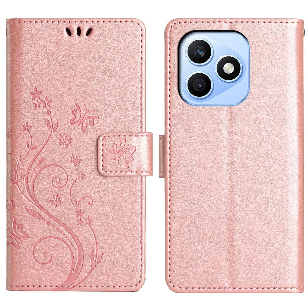 For Honor X8d 4G Leather Wallet Case Butterfly Flower Imprinted Phone Cover with Strap