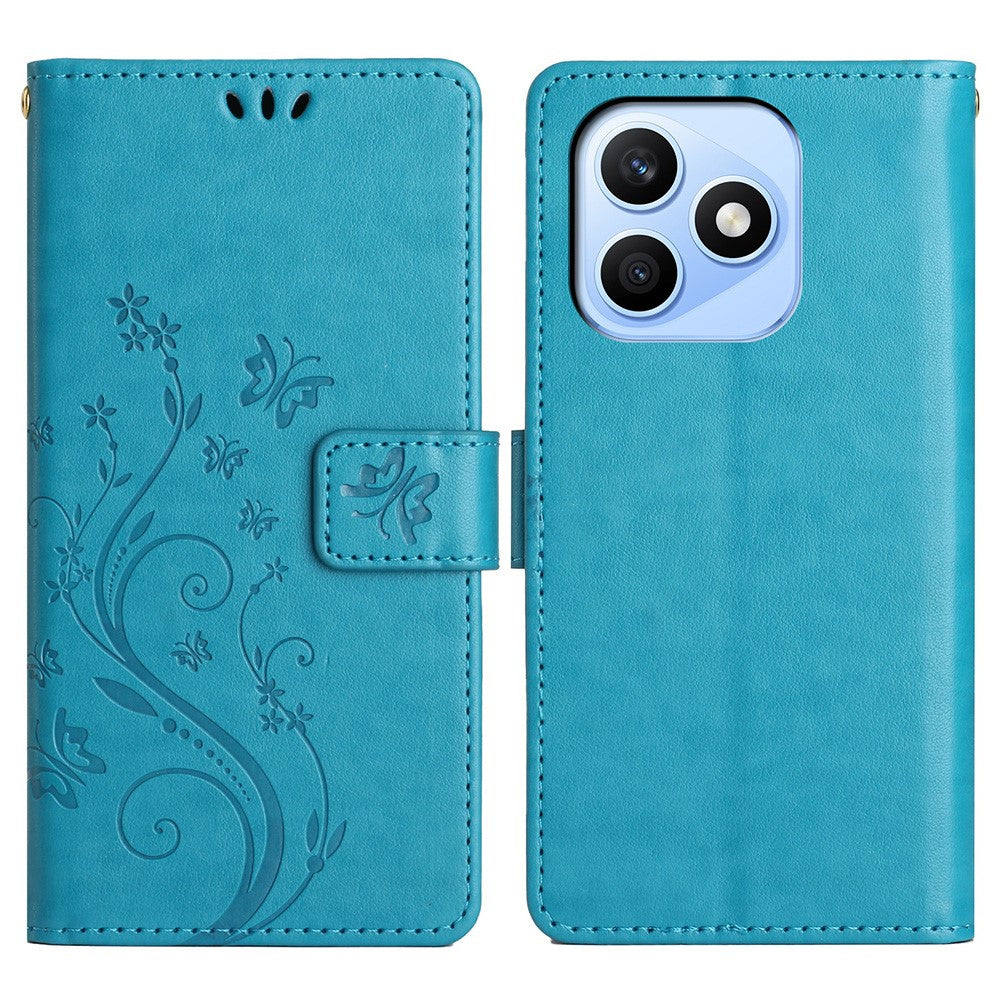 For Honor X8d 4G Leather Wallet Case Butterfly Flower Imprinted Phone Cover with Strap