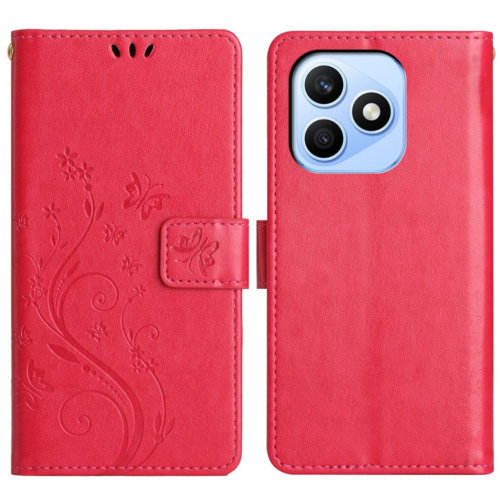 For Honor X8d 4G Leather Wallet Case Butterfly Flower Imprinted Phone Cover with Strap