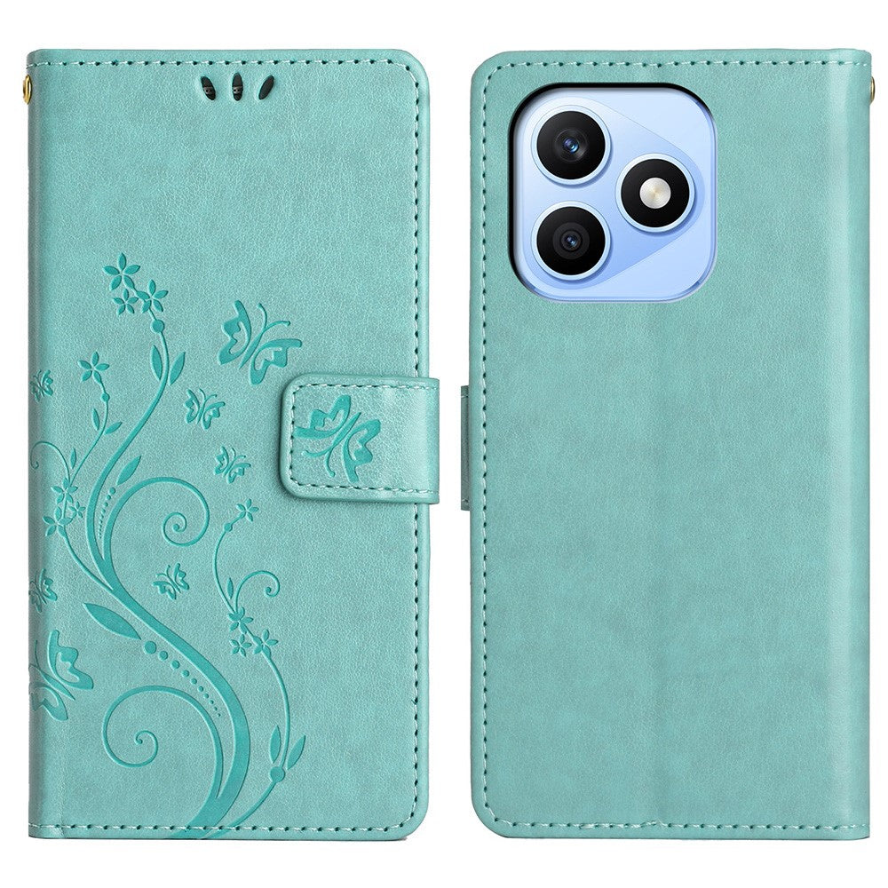 For Honor X8d 4G Leather Wallet Case Butterfly Flower Imprinted Phone Cover with Strap