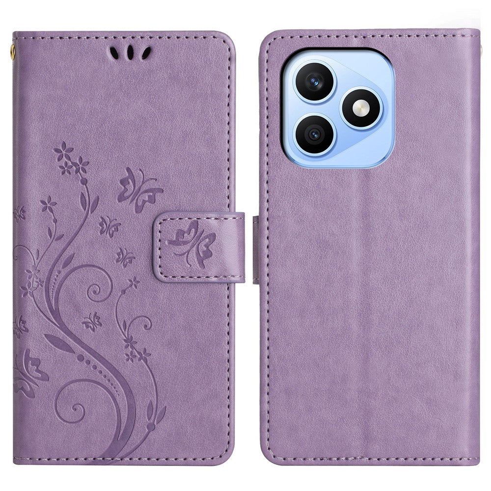For Honor X8d 4G Leather Wallet Case Butterfly Flower Imprinted Phone Cover with Strap