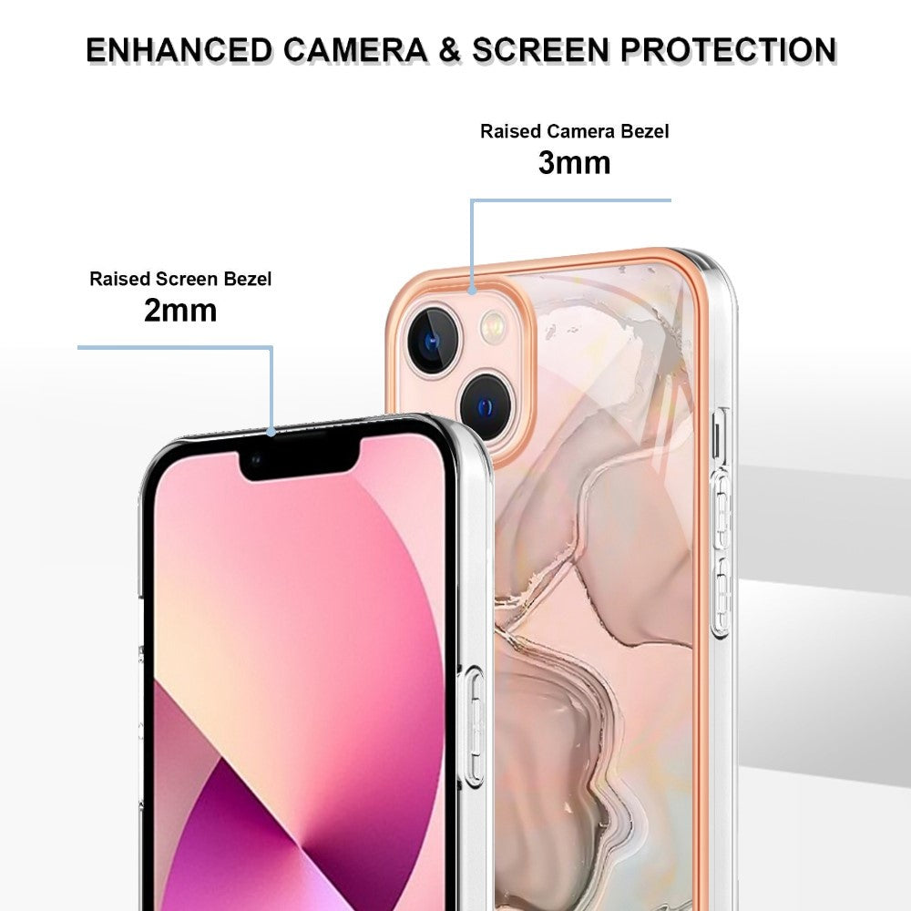 Til iPhone 13 6,1 tommer YB IMD Series-16 Stil E 2,0 mm TPU Drop Testet Telefoncover Galvaniseret Ramme Marmor Mønster IMD Bagcover