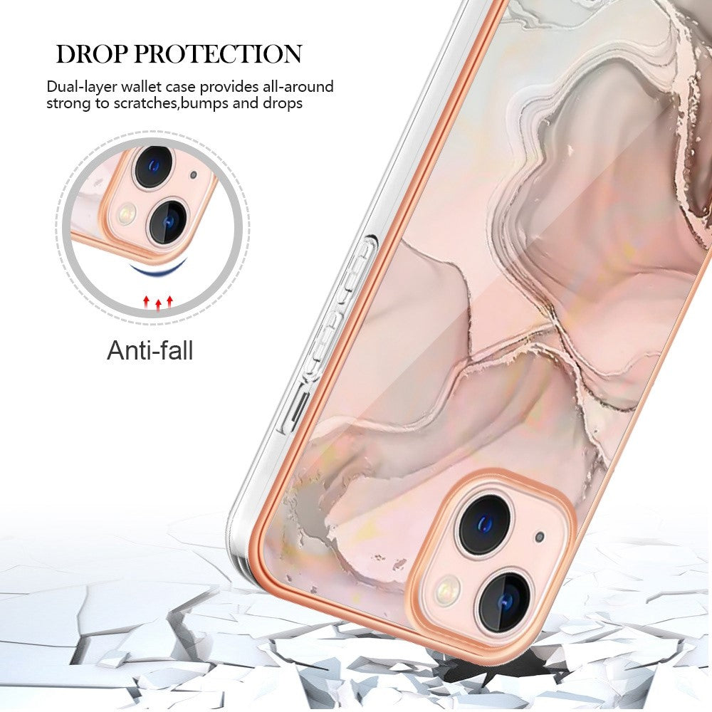Til iPhone 13 6,1 tommer YB IMD Series-16 Stil E 2,0 mm TPU Drop Testet Telefoncover Galvaniseret Ramme Marmor Mønster IMD Bagcover