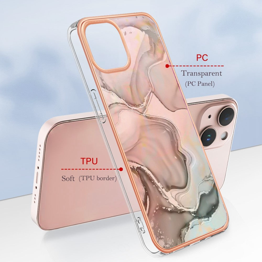Til iPhone 13 6,1 tommer YB IMD Series-16 Stil E 2,0 mm TPU Drop Testet Telefoncover Galvaniseret Ramme Marmor Mønster IMD Bagcover