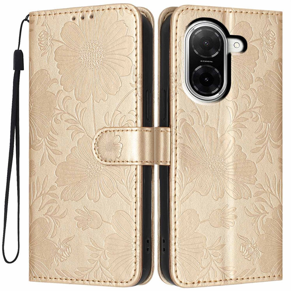 For Xiaomi Redmi A5 NFC (EU) (173.45mm) Wallet Case Imprint Floral PU Leather Stand Flip Phone Cover with Wrist Strap